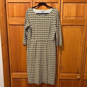 Boden Mustard Mix Geo Bird Print Soft Cotton Midi Dress
